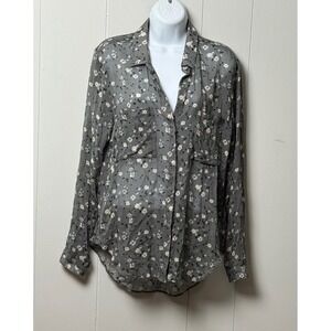 Cloth & Stone Womens Floral Rayon Button Down Shirt Grey Blue Long Sleeve Size M